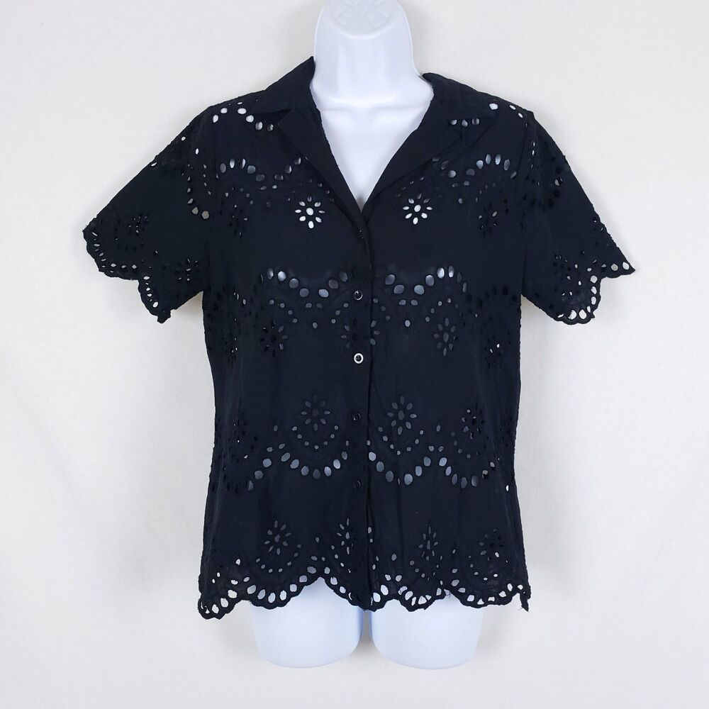 Adiva Eyelet Blouse Womens M Dark Cottagecore Button Up Romantic Sheer Black